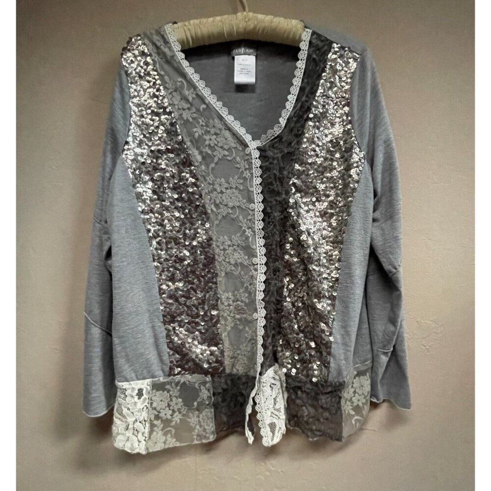 Fair Lady Womens Button Front Lace Trim Sequin Cardigan Sweater Size 44 Gray